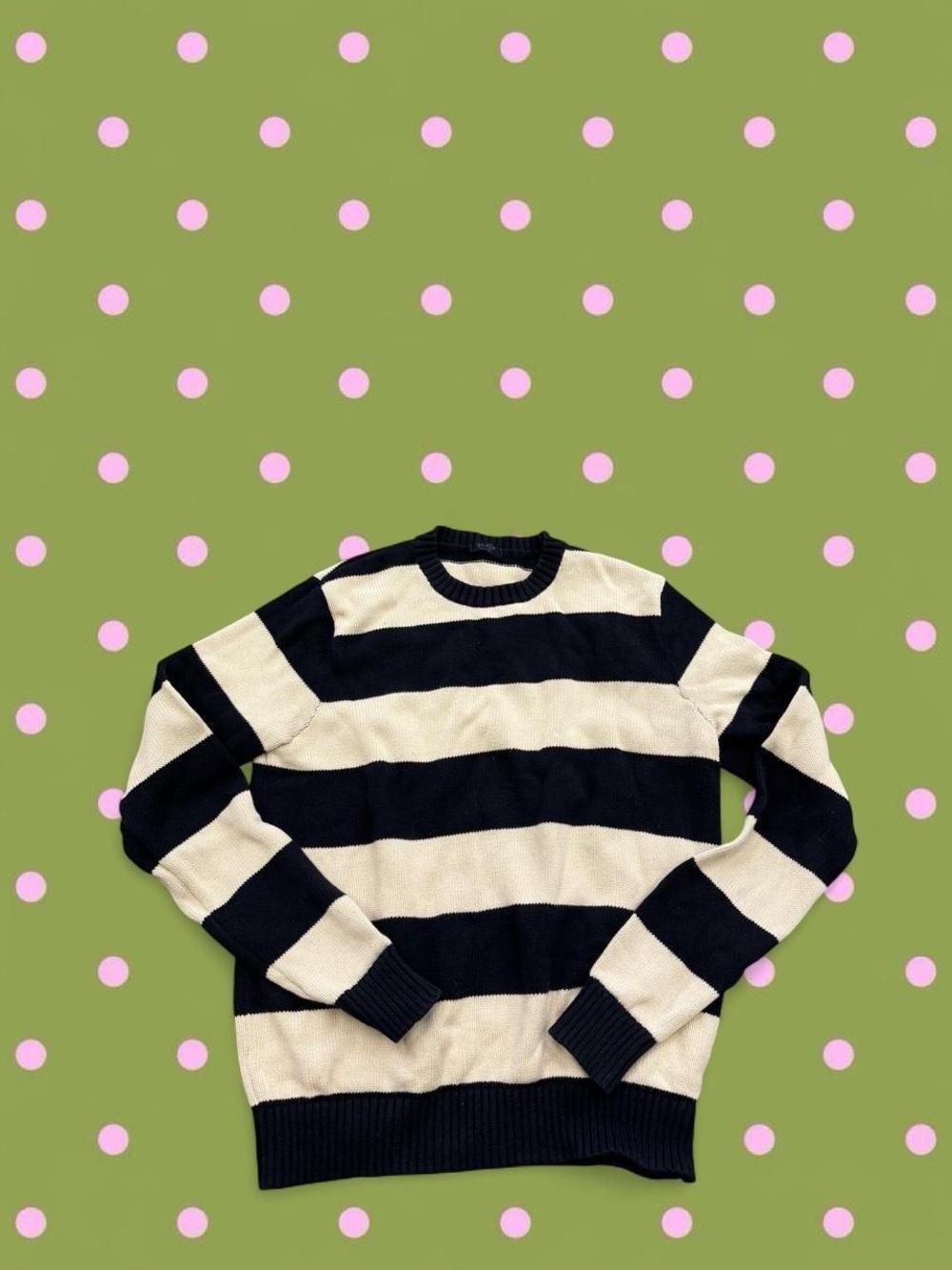 Brandy Melville Black and Cream Striped Crewneck Sweater